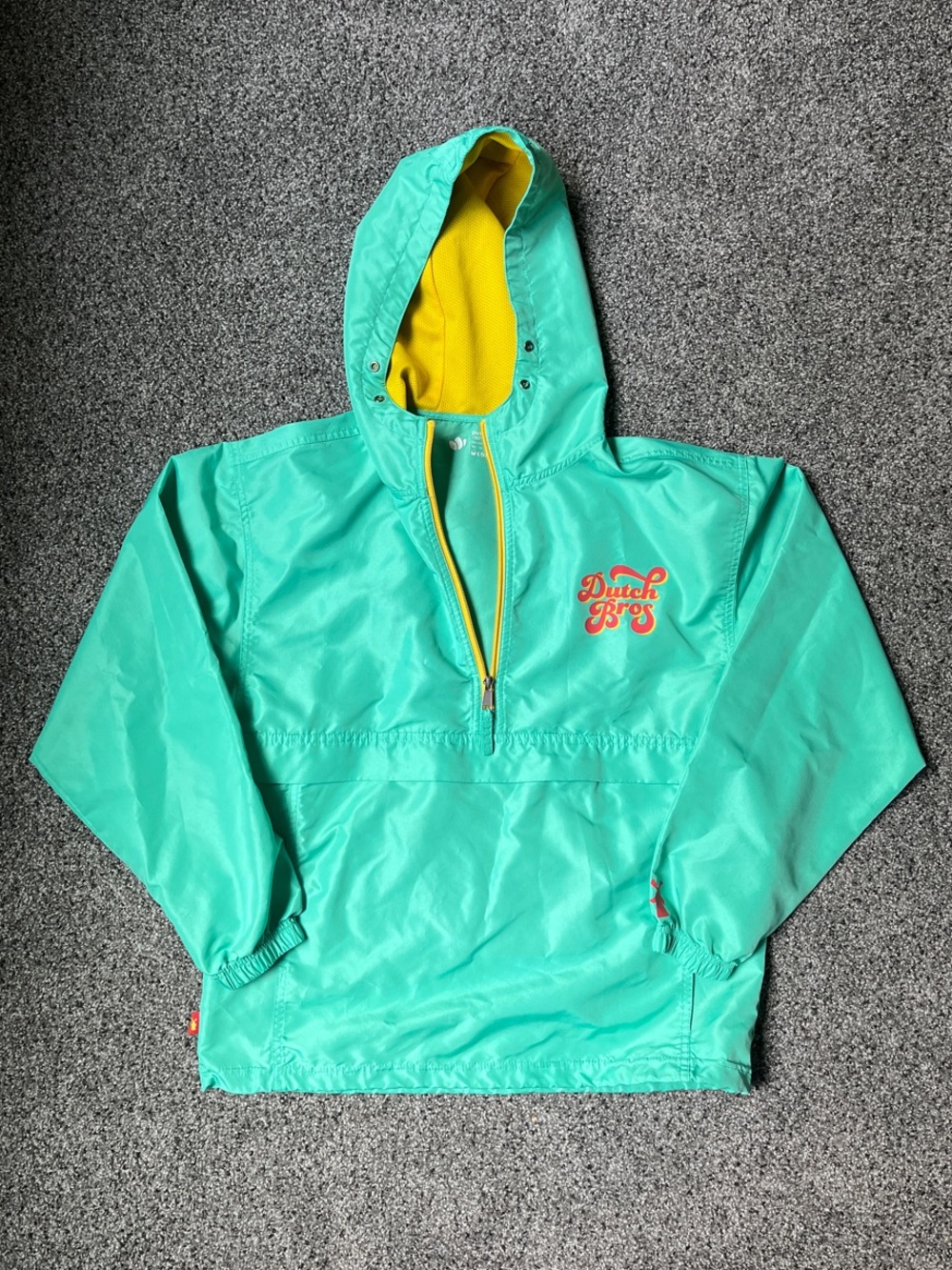 Dutch Bros Teal and Yellow Hooded Rain Anorak